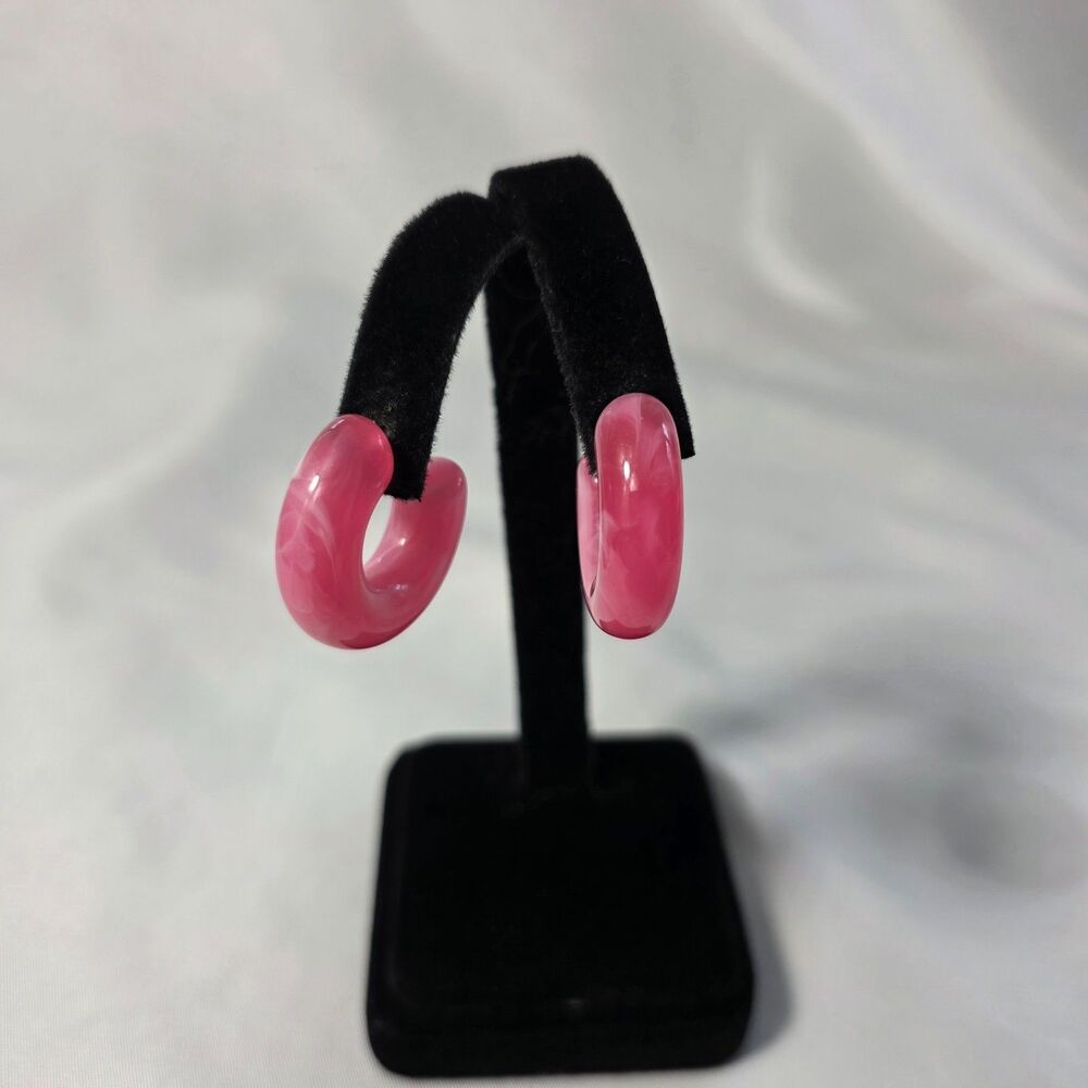 Dark Pink Resin Half Hoop Earrings Subtle Marble Swirl Effect Silver Posts